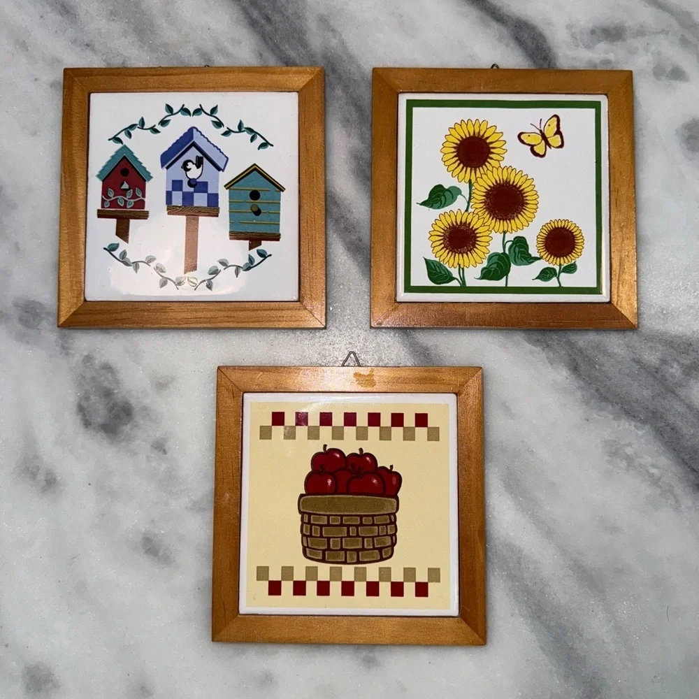 Vintage Wood Framed Ceramic Tiles Pine Frame Bird House, Sunflower, Apple.